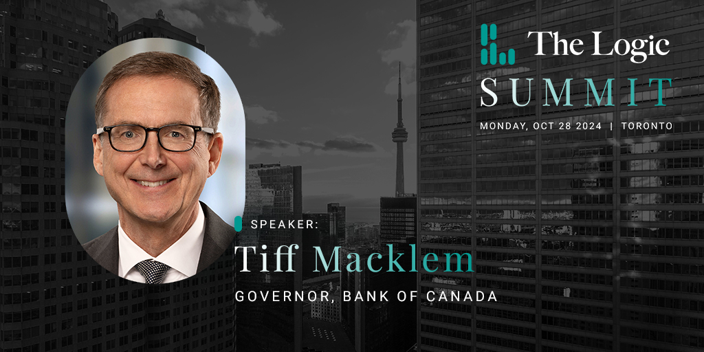 A graphic featuring Tiff Macklem, governor, Bank of Canada, as a speaker at The Logic Summit on Monday, Oct. 24, 2024 in Toronto.