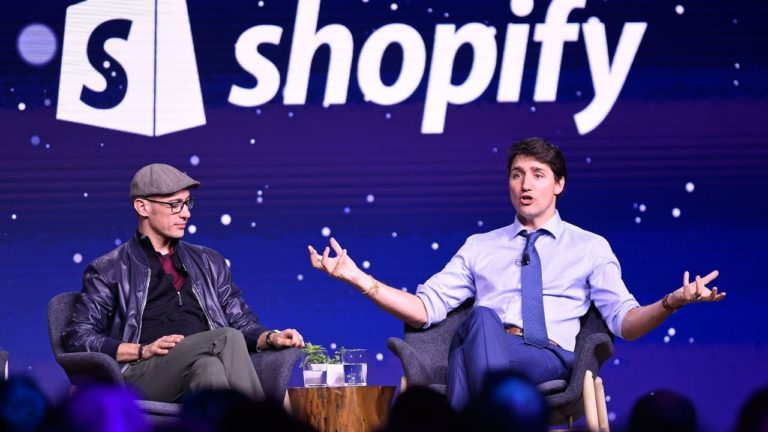Prime Minister Justin Trudeau participates in an armchair discussion with Shopify CEO Tobias Lutke in Toronto on Tuesday, May 8, 2018.