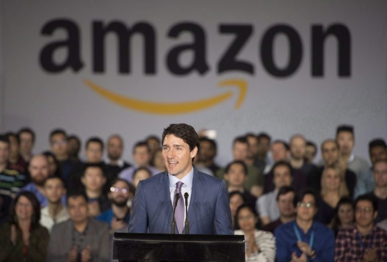 Prime Minister Justin Trudeau makes an announcement at the future offices of Amazon in downtown Vancouver, B.C., Monday, April 30, 2018. THE CANADIAN PRESS/Jonathan Hayward