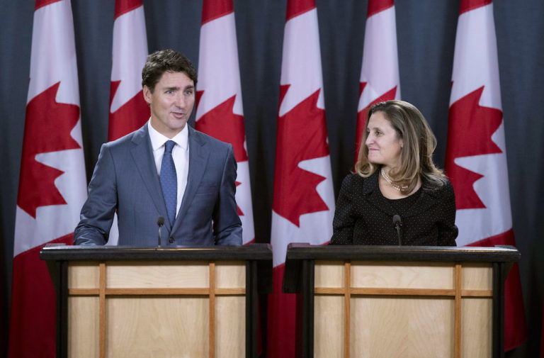 Prime Minister Justin Trudeau and Minister of Foreign Affairs Chrystia Freeland hold a press conference regarding the United States Mexico Canada Agreement (USMCA) at the National Press Theatre, in Ottawa on Monday, Oct. 1, 2018. THE CANADIAN PRESS/Sean Kilpatrick