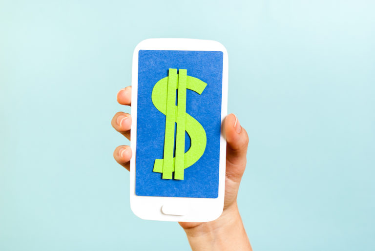 Conceptual smartphone showing the dollar symbol on blue background