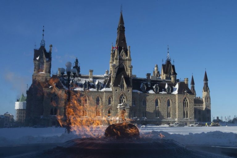 The Centennial flame burns outside West Block as Parliament resumes in Ottawa, on Monday, January 28, 2019