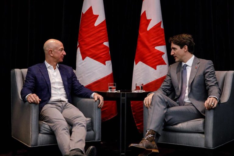 Prime Minister Justin Trudeau meets with Amazon CEO Jeff Bezos in San Francisco on a trip to Silicon Valley in February 2018.