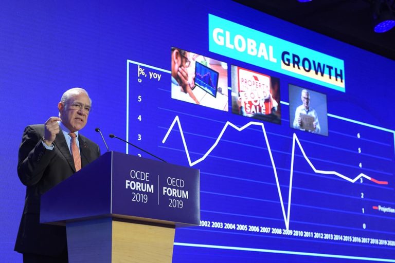 Angel Gurria, general secretary of the OECD, presents the organization's annual economic outlook in Paris in May 2019
