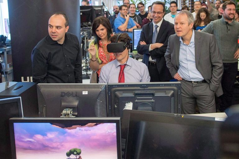 Prime Minister Justin Trudeau plays a virtual reality video game at Ubisoft's Montreal office in February 2016.