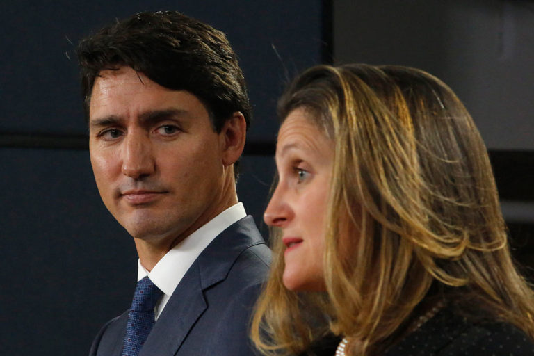 Prime Minister Justin Trudeau and then-foreign affairs minister Chrystia Freeland announce the USMCA in Ottawa in October 2018.