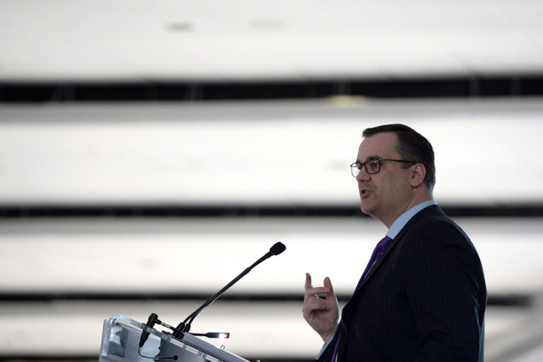 James Moore, then-industry minister, speaking in Ottawa in November 2014. Moore is the author of a Business Council of Canada report calling for changes to the country’s privacy laws and data regulations.