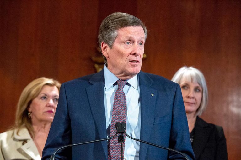 Toronto Mayor John Tory speaks at a Toronto news conference on COVID-19 also attended by Ontario Health Minister Christine Elliott and federal Health Minister Patty Hajdu in February 2020.
