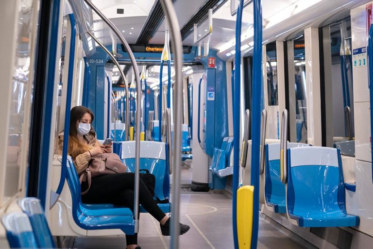 A commuter on the Montreal subway in May 2020