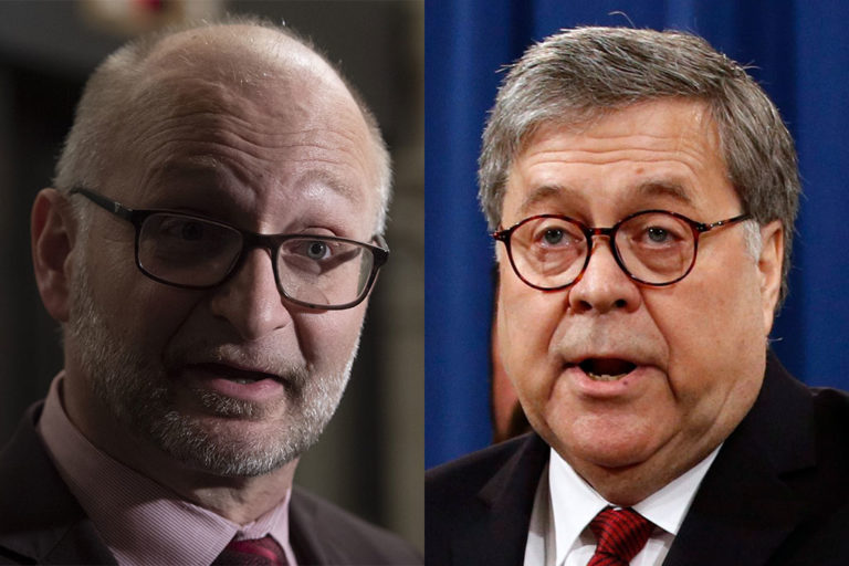 Canadian Attorney General David Lametti in Ottawa in February 2020 and U.S. Attorney General William Barr in Washington, D.C. in April 2019.