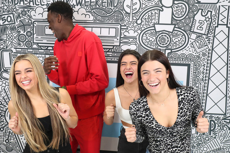 Pascal Siakim, Addison Rae Easterling, Dixie D'Amelio, Charli D'Amelio create a TikTok video during the All Star Practice on Saturday, February 15, 2020 at in Chicago.