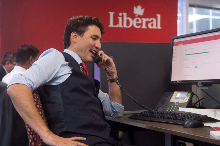 Prime Minister Justin Trudeau phone canvassing at Liberal headquarters in Ottawa in October 2016.