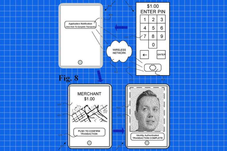 An illustration accompanying Shopify’s utility patent application for a feature involving secure pin entry via a mobile device, filed in March 2019.