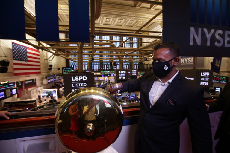 Lightspeed CEO Dax Dasilva rings the bell at the New York Stock Exchange, on which the Montreal-based company began trading in September 2020.