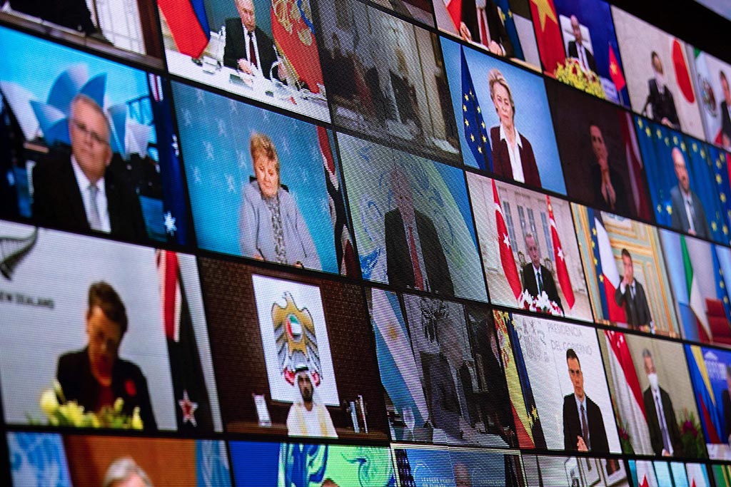 World leaders attending the Biden administration’s Leaders Summit on Climate are broadcast in the East Room of the White House in April 2021.