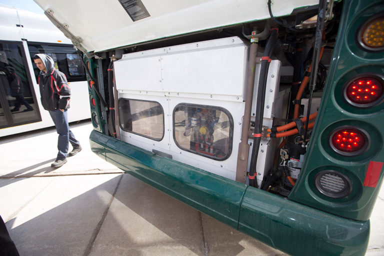 An electric bus made by Winnipeg-headquartered NFI Group in Toronto in April 2018. The company has received funding from Sustainable Development Technology Canada.