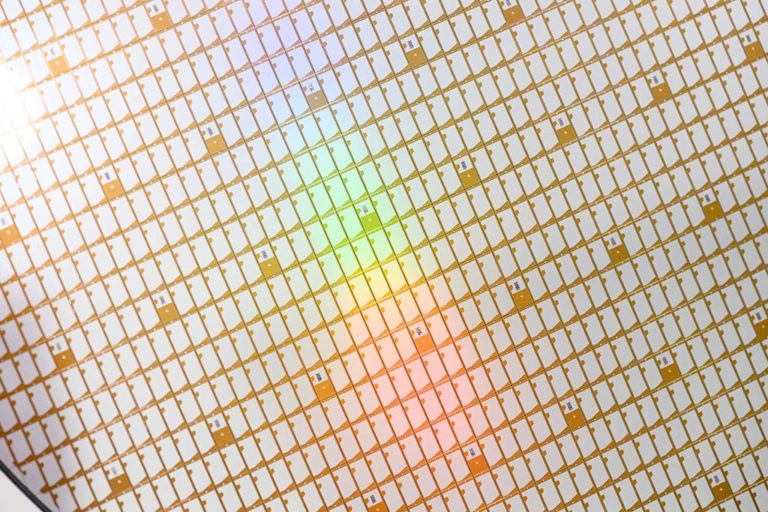 A 300-millimetre wafer with semiconductor chips at a Bosch factory in Dresden, Germany in May 2021.