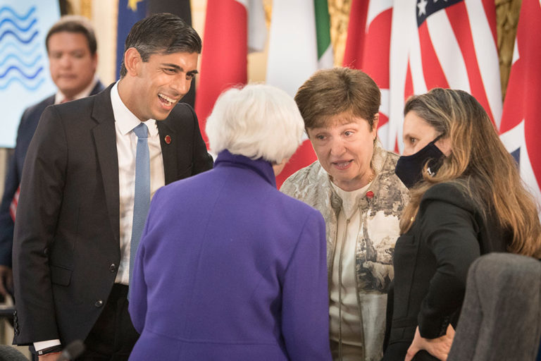From left to right: U.K. Chancellor Rishi Sunak, U.S. Treasury Secretary Janet Yellen, IMF managing director Kristalina Georgieva and Finance Minister Chrystia Freeland at the G7 Finance Ministers' Meeting in London in June 2021