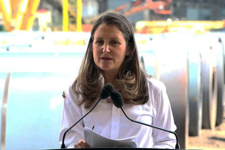 Finance Minister Chrystia Freeland announcing $400 million for ArcelorMittal Dofasco from the Strategic Innovation Fund’s Net Zero Accelerator at the company’s plant in Hamilton, Ont. in July 2021.
