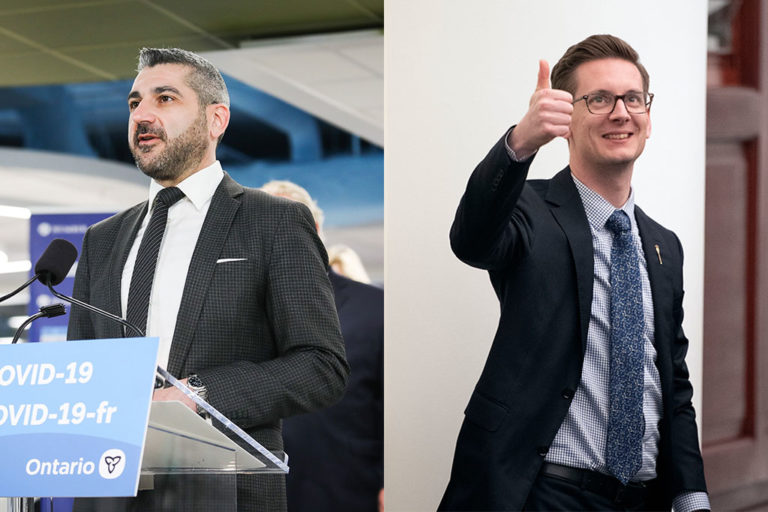 From left to right: Ross Romano, Ontario’s minister of government and consumer services, in Toronto in March 2021, and Nate Glubish, minister for Service Alberta, in February 2020.