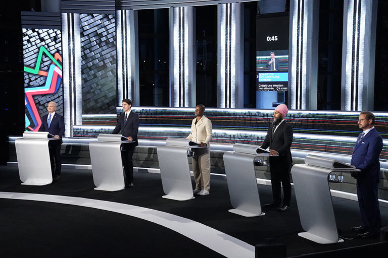 From left to right: Conservative leader Erin O’Toole, Liberal leader Justin Trudeau, Green leader Annamie Paul, NDP leader Jagmeet Singh and Bloc Québécois leader Yves-François Blanchet at the federal leaders’ debate in Gatineau, Que. in September 2021.