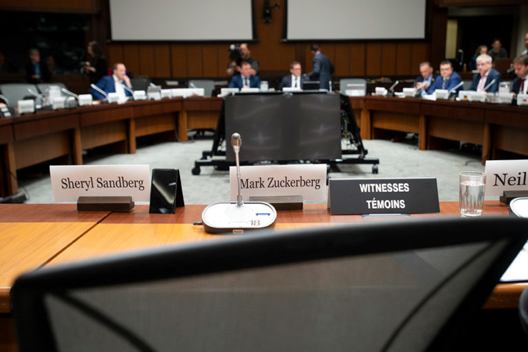 Empty chairs for Facebook CEO Mark Zuckerberg and COO Sheryl Sandberg, who did not attend the meeting of the International Grand Committee on Big Data, Privacy and Democracy in Ottawa in May 2019.