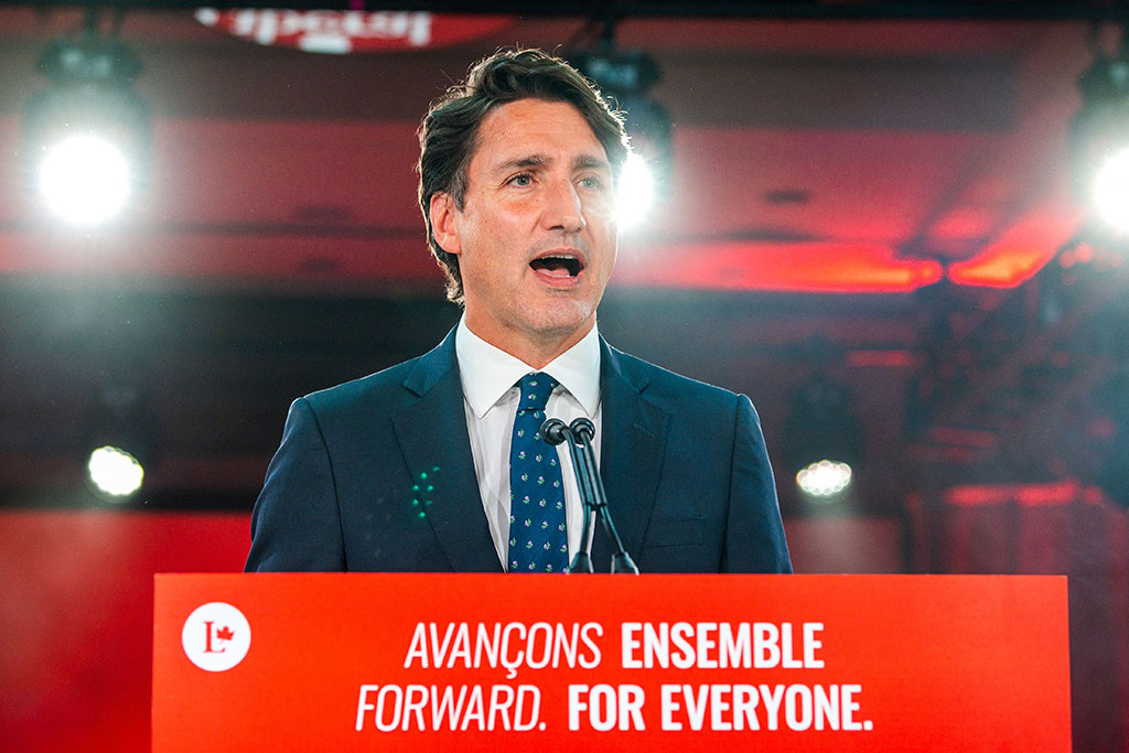 Prime Minister Justin Trudeau delivers his victory speech in Montreal in September 2021, following the federal election.
