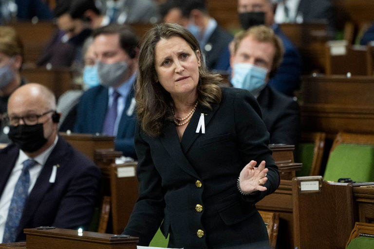 Finance Minister Chrystia Freeland during question period in the House of Commons on Dec. 6, 2021.