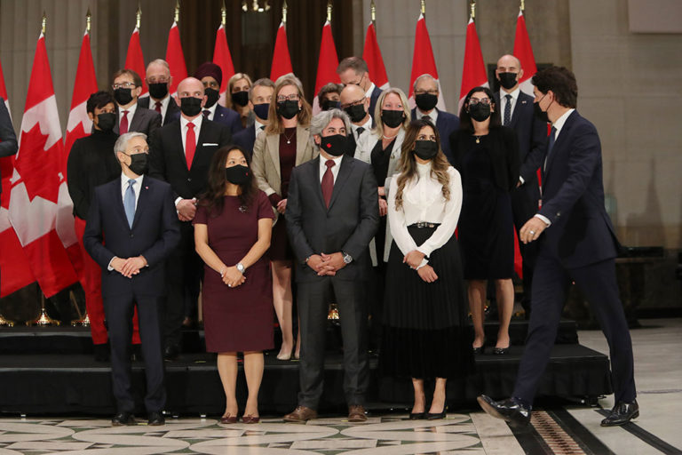 Prime Minister Justin Trudeau and members of his cabinet after being sworn in on Oct. 26, 2021 in Ottawa.