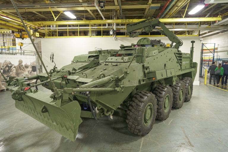 A light-armoured vehicle, similar to the ones ordered by the Canadian Armed Forces, sits inside the General Dynamics Land Systems-Canada factory in London, Ont., in August 2019.