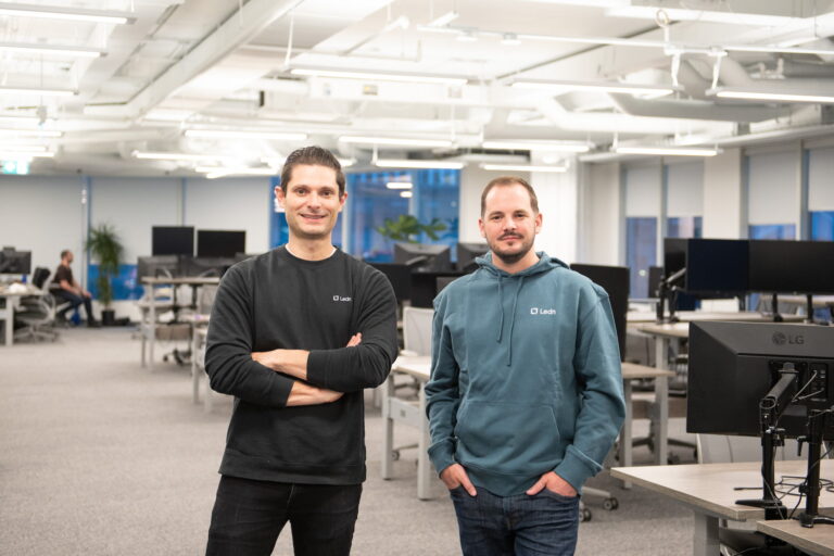Alt text: Ledn’s co-founders, chief executive Adam Reeds and chief strategy officer Mauricio Di Bartolomeo, standing in the crypto-lending firm’s Toronto office on Feb. 9, 2023. (Photo by Laura Proctor for The Logic)