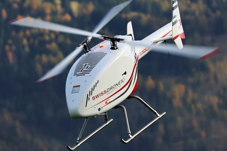 The SD0 50 V2, an unmanned helicopter system, advertised on the Droneify website alongside drone software and data services. (SwissDrones | YouTube)