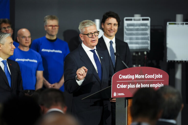 Borje Ekholm, president and CEO of Ericsson, speaks as he is joined by Prime Minister Justin Trudeau and Minister of Innovation, Science and Industry Francois-Philippe Champagne during an announcement and press conference at Ericsson in Ottawa on Monday, April 17, 2023.