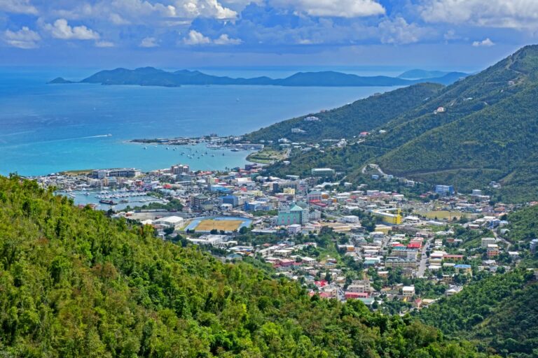 View over the capital city Road Town and horseshoe-shaped Road Harbour on the island Tortola, British Virgin Islands, Lesser Antilles, Caribbean Sea. (Photo by: Marica van der Meer/Arterra/Universal Images Group via Getty Images)