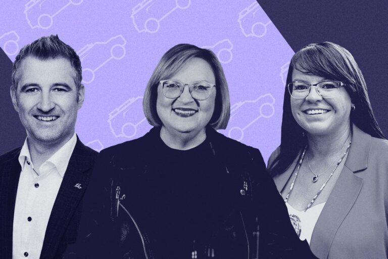 A photo illustration of Flo CEO Louis Tremblay, Unifor president Lana Payne, and First Nations Major Projects Coalition Chief Sharleen grouped together.