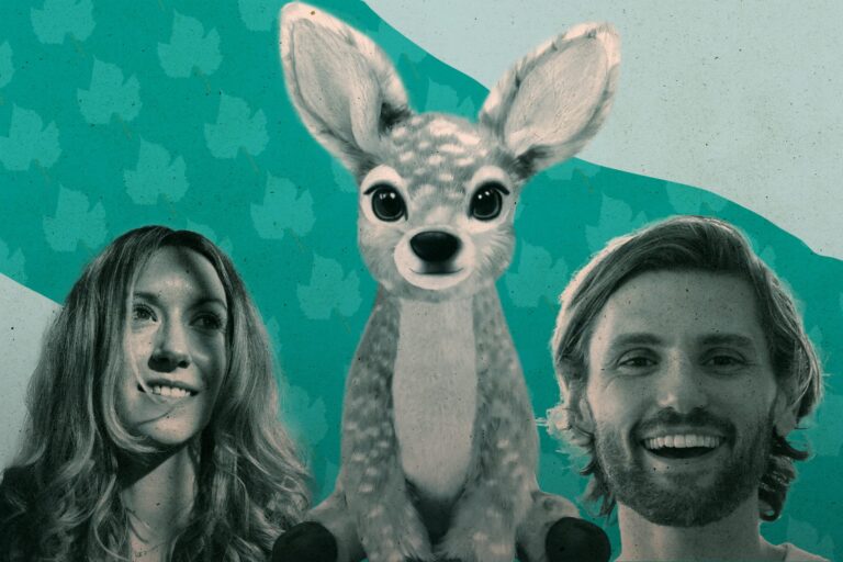 An illustration of Fawn’s baby deer stuffie toy, with company founders Peter Fitzpatrick and Robyn Campbell smiling. There’s a pattern of tiny leaves on a green background.