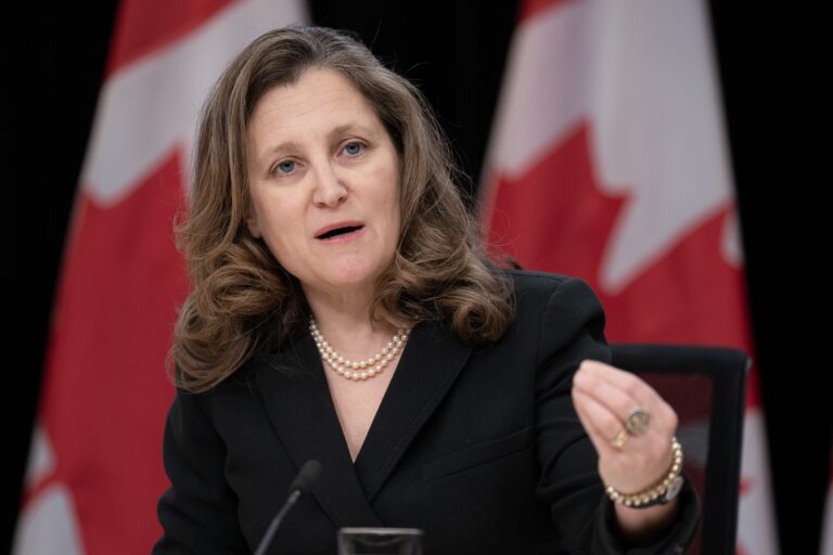 Finance Minister Chrystia Freeland makes a hand gesture in a seated position. She wears a black blazer, two Canadian flags stand behind her.