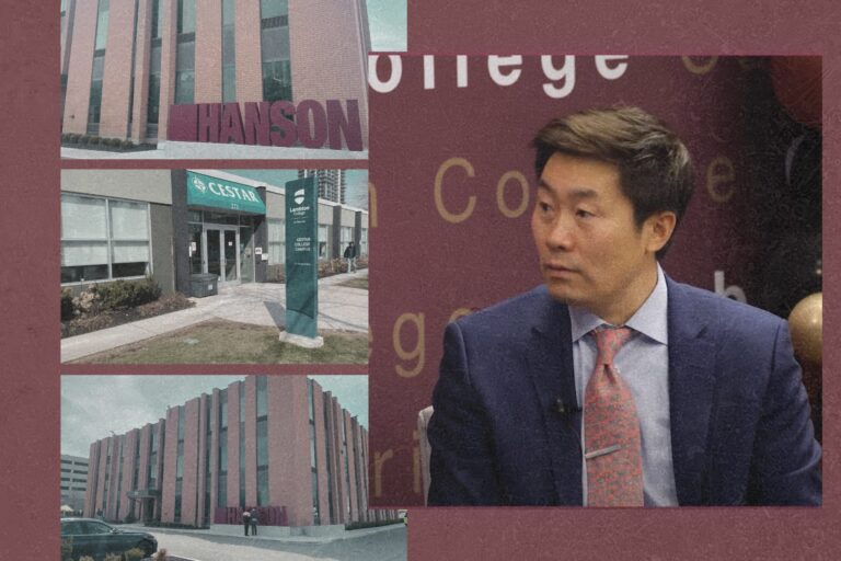 An illustration of Hanson College CEO Shouyi Ma on right and three separate photos of Hanson College and Cestar College on left.