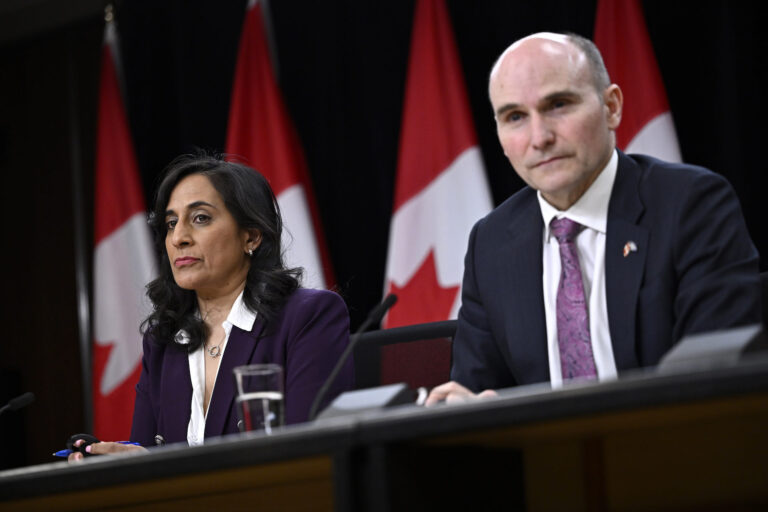 Procurement Minister Jean-Yves Duclos, right, and Treasury Board President Anita Anand at a news conference in Ottawa, where they discussed efforts to strengthen federal procurement practices, on March 20, 2024.