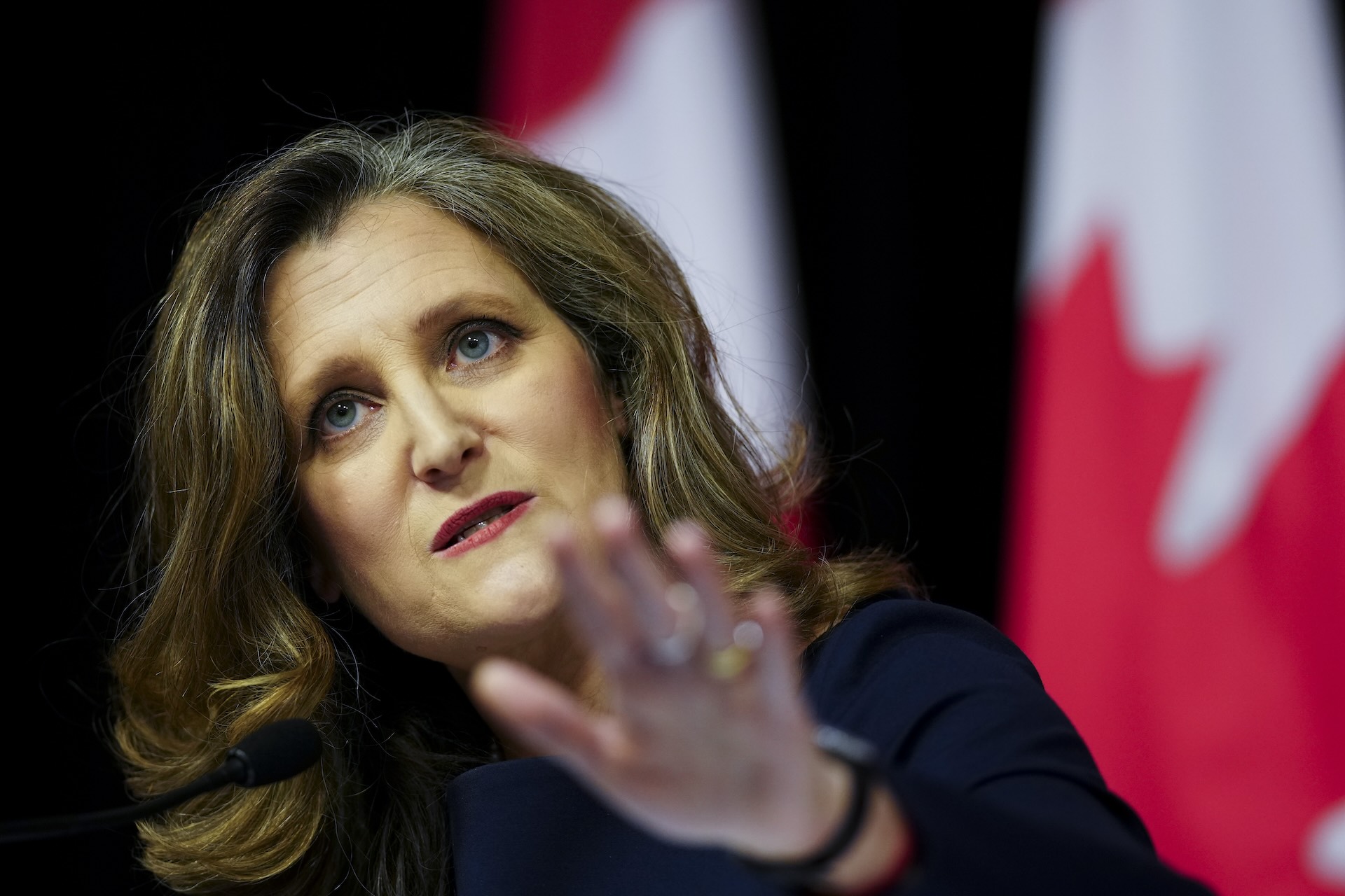 Finance Minister Chrystia Freeland speaking with her left hand raised.