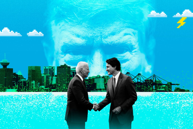 A photo illustration in which Prime Minister Justin Trudeau and U.S. President Joe Biden appear in the foreground shaking hands, against a backdrop showing the docks, cranes and skyline of Vancouver. Beyond the horizon, covering most of the sky, looms the face of Donald Trump.