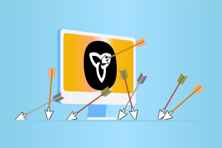 An illustration of a computer monitor showing the Ontario government logo. The centre of the logo has been pierced by an arrow shaped like a computer mouse pointer, and other arrows are shown around the monitor as if it were being used as an archery target.
