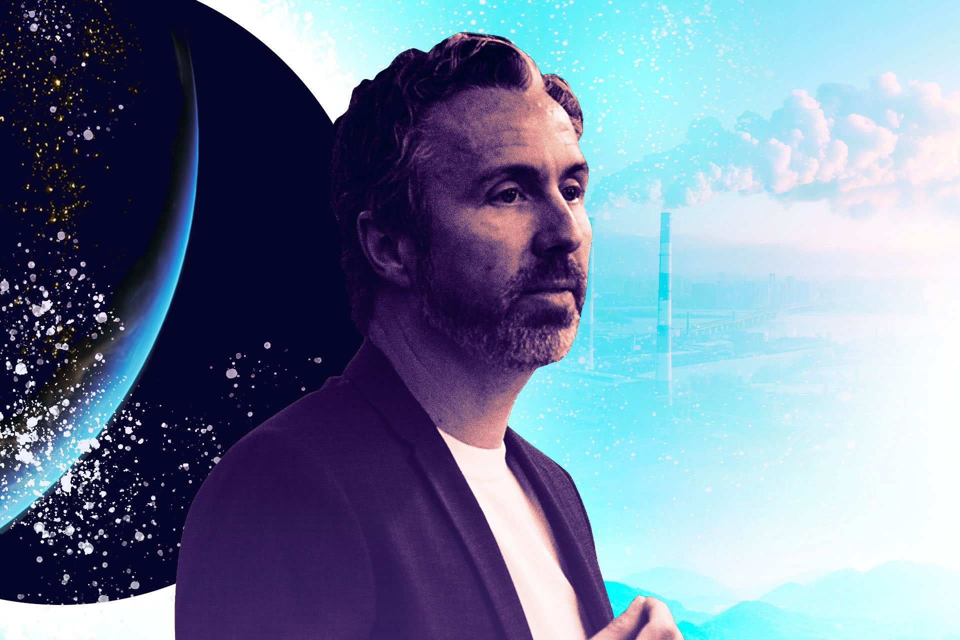 A photo of a man with wavy hair and close-cropped beard clad in a blazer and white t-shirt; he appears against an aqua-toned backdrop with a hazy image of an industrial smokestack.