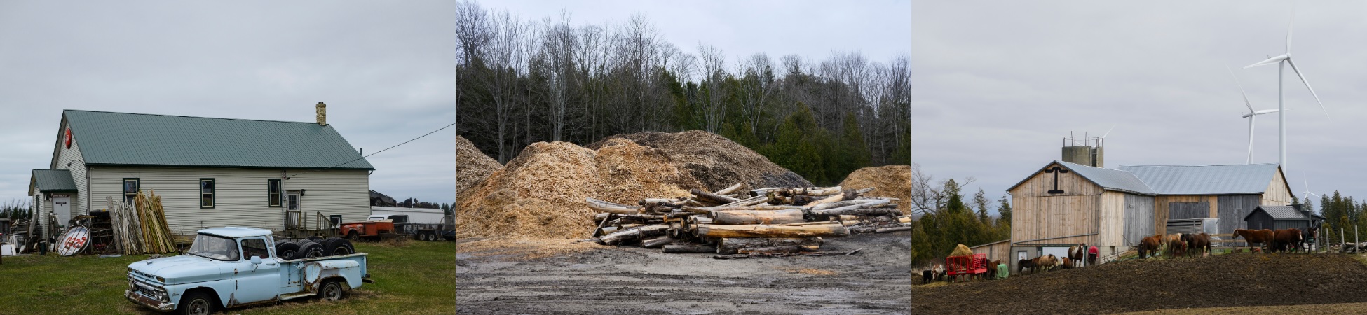 A composite of three different photos from rural Ontario. First image shows a truck in front of a hut; the second image has stacks of hay and logs, and the third one displays a few horses in front of a hut and a few windmills behind it.