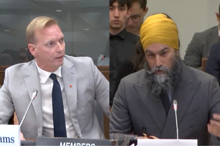 A composite photo of Conservative MP Ryan Williams and NDP Leader Jagmeet Singh wearing suits and speaking into the microphones in front of them.
