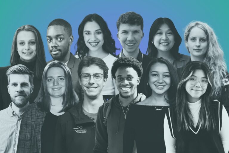 A bunch of headshots in an illustration featuring twelve young adults posing and smiling against a gradient blue background.