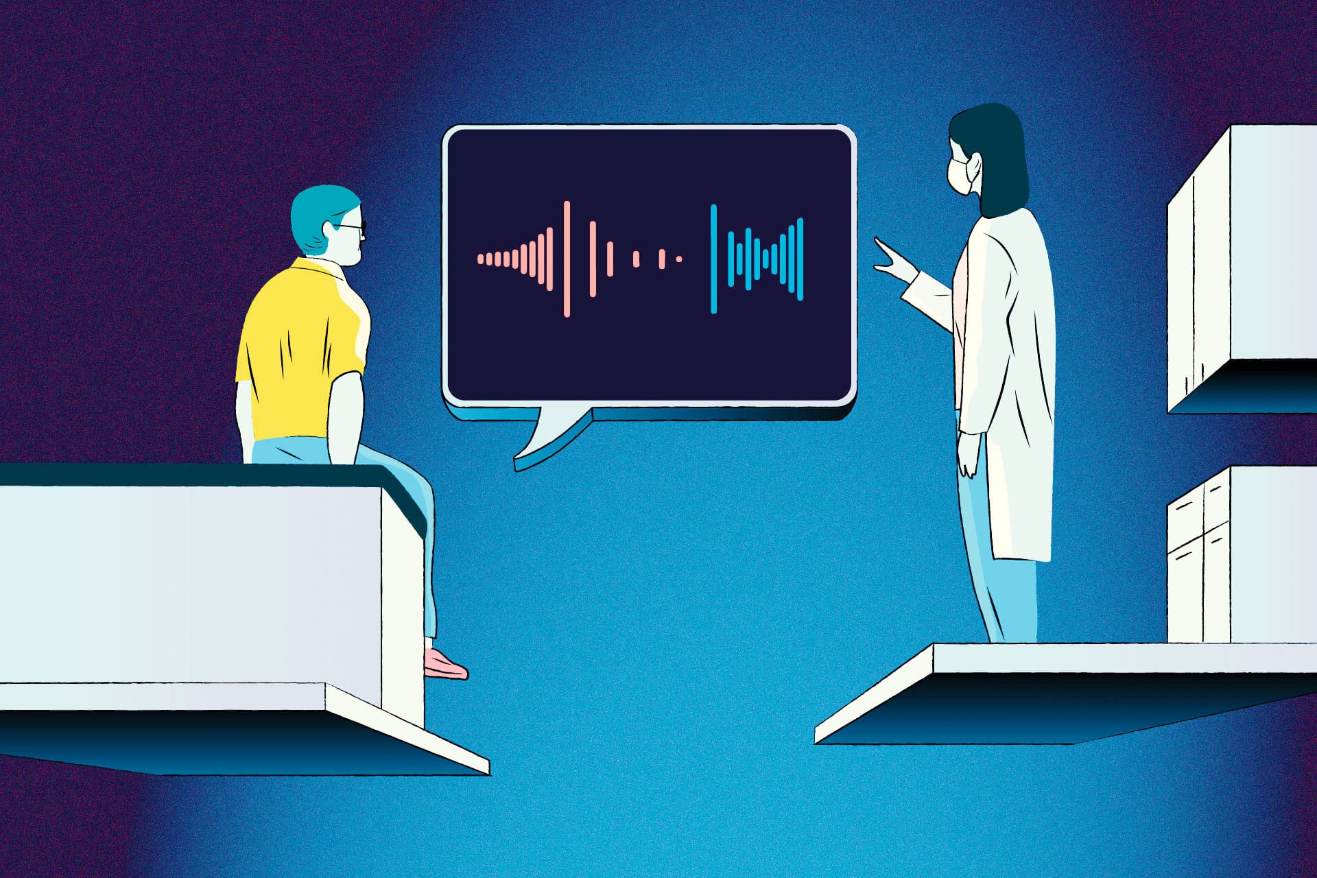 An illustrated image of a doctor in a mask and a patient seated on an examination table. They are looking at a screen in the form of a word bubble; on the screen are sound-wave patterns.