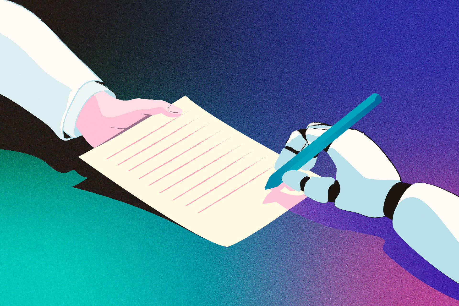 An illustrated image of a robot's hand writing on a medical notepad as a doctor's hand holds the pad.