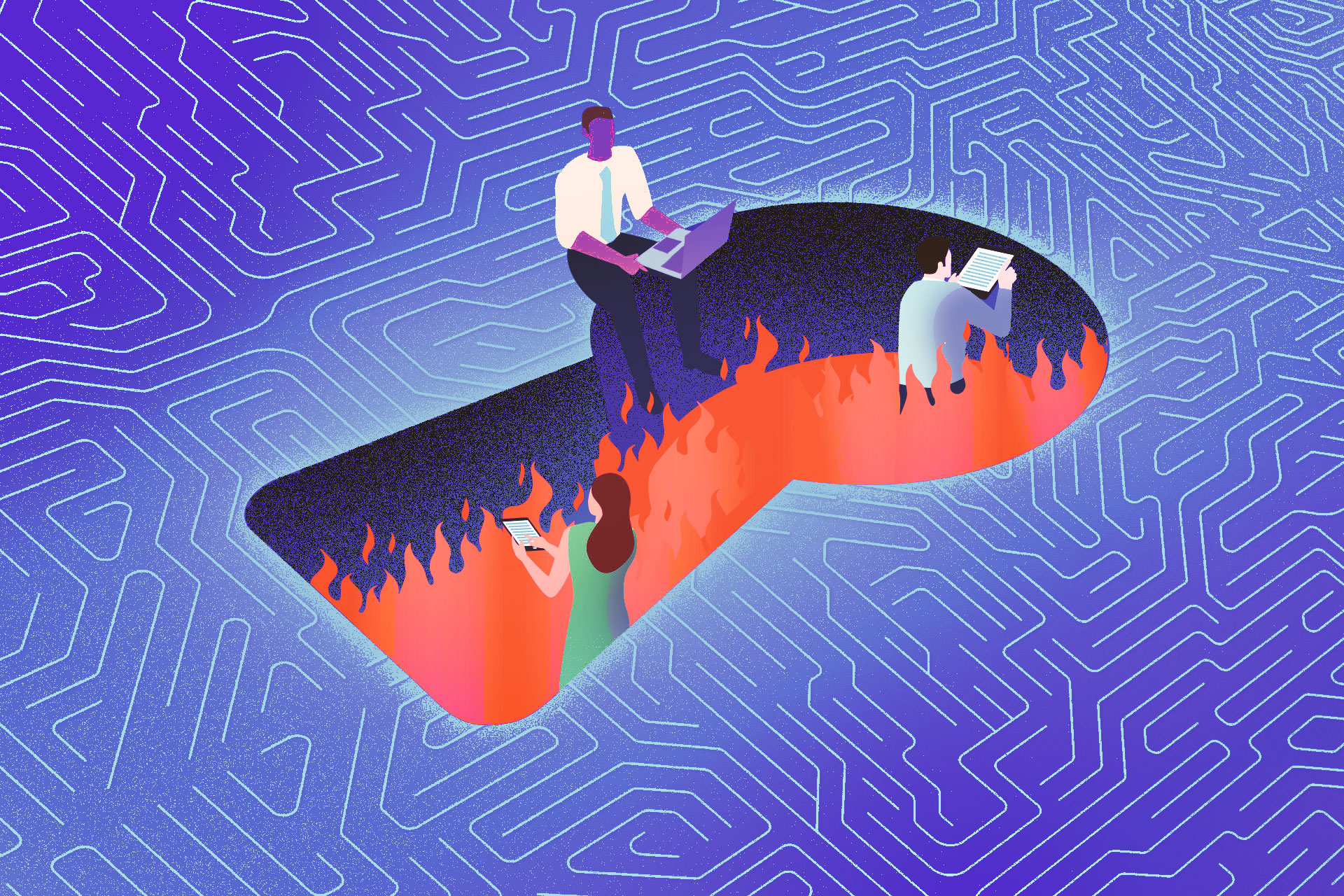 An abstract illustration showing workers with digital devices at the brink of a large, keyhole-shaped opening in the floor that has hellfire coming out of it. The floor has a circuit pattern resembling that of a computer chip.