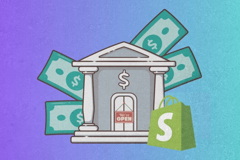 Illustration of an open bank building with dollar bills in the background and a shopping bag with the Shopify logo in the foreground.